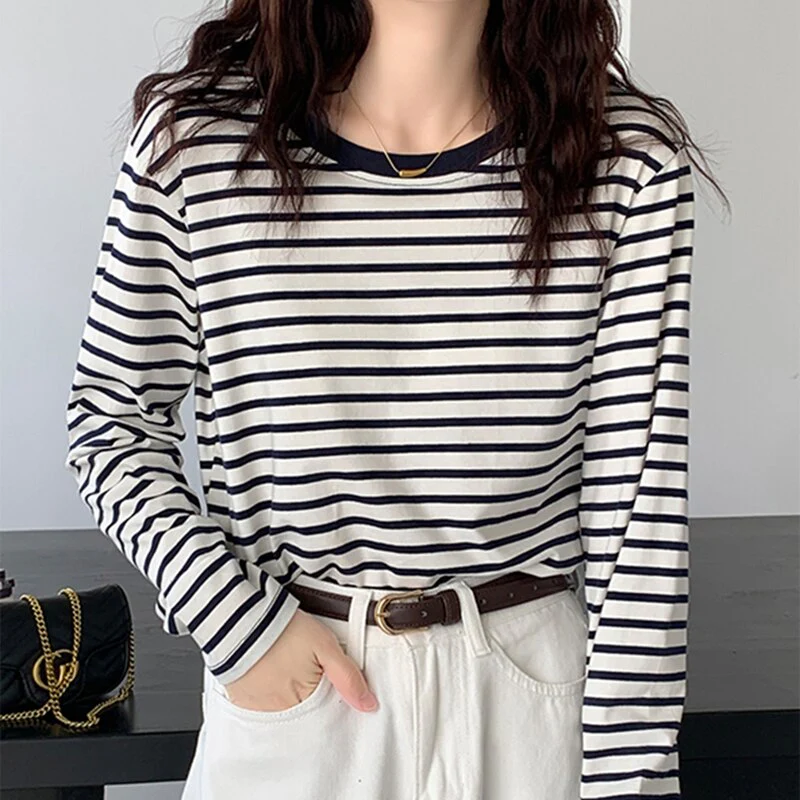 Wenkouban Striped Vintage Long Sleeve Women T Shirts O Neck Loose Thin Tops Female All-Match Basic Spring New Fashion T-Shirt Tees Femme - Deanwangkt