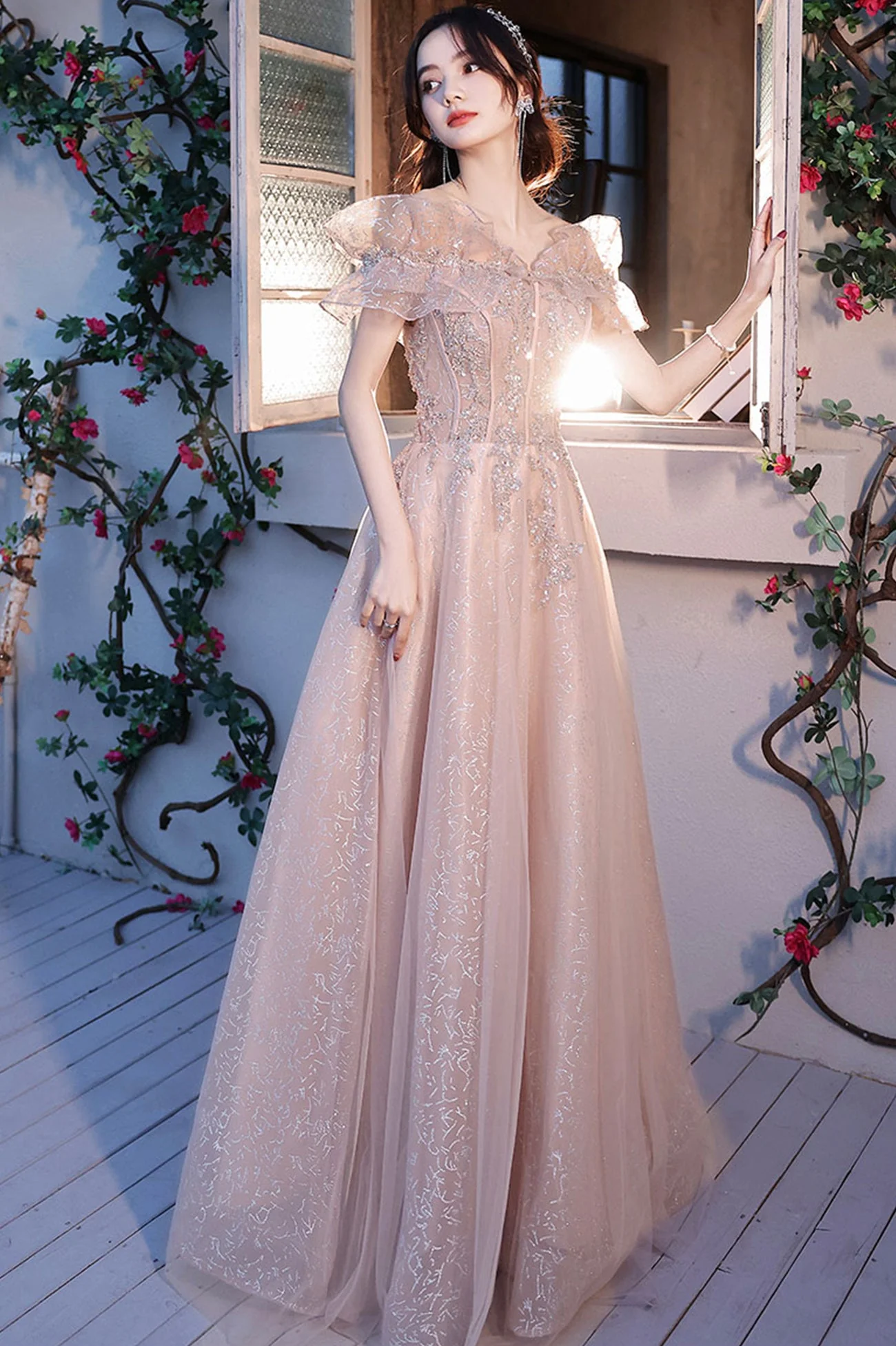 solvbao Pink Tulle Sequins Long Prom Dresses, Lovely A-Line Evening Graduation Dresses - Deanwangkt