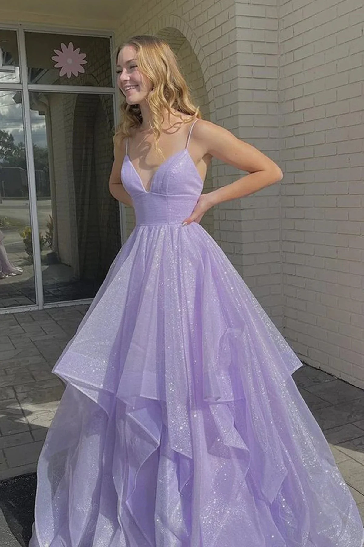 Solvbao Beautiful Light Purple Long Prom Dress, V-neckline Purple Tulle Evening Dress - Deanwangkt