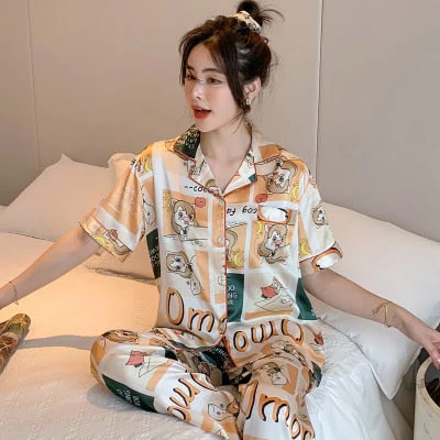 Newest Silk Pajamas for Women Sweet Leopard Pyjamas Woman Elegant Short Sleeve Long Pant Homewear Ladies Sleepwear Sets - Deanwangkt