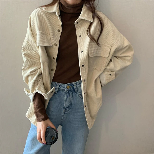 deanwangkt Spring New Women Solid Corduroy Shirts Jackets Full Sleeve Turn-Down Collar Oversize Coats Casual Autumn Basic Outwear - Deanwangkt