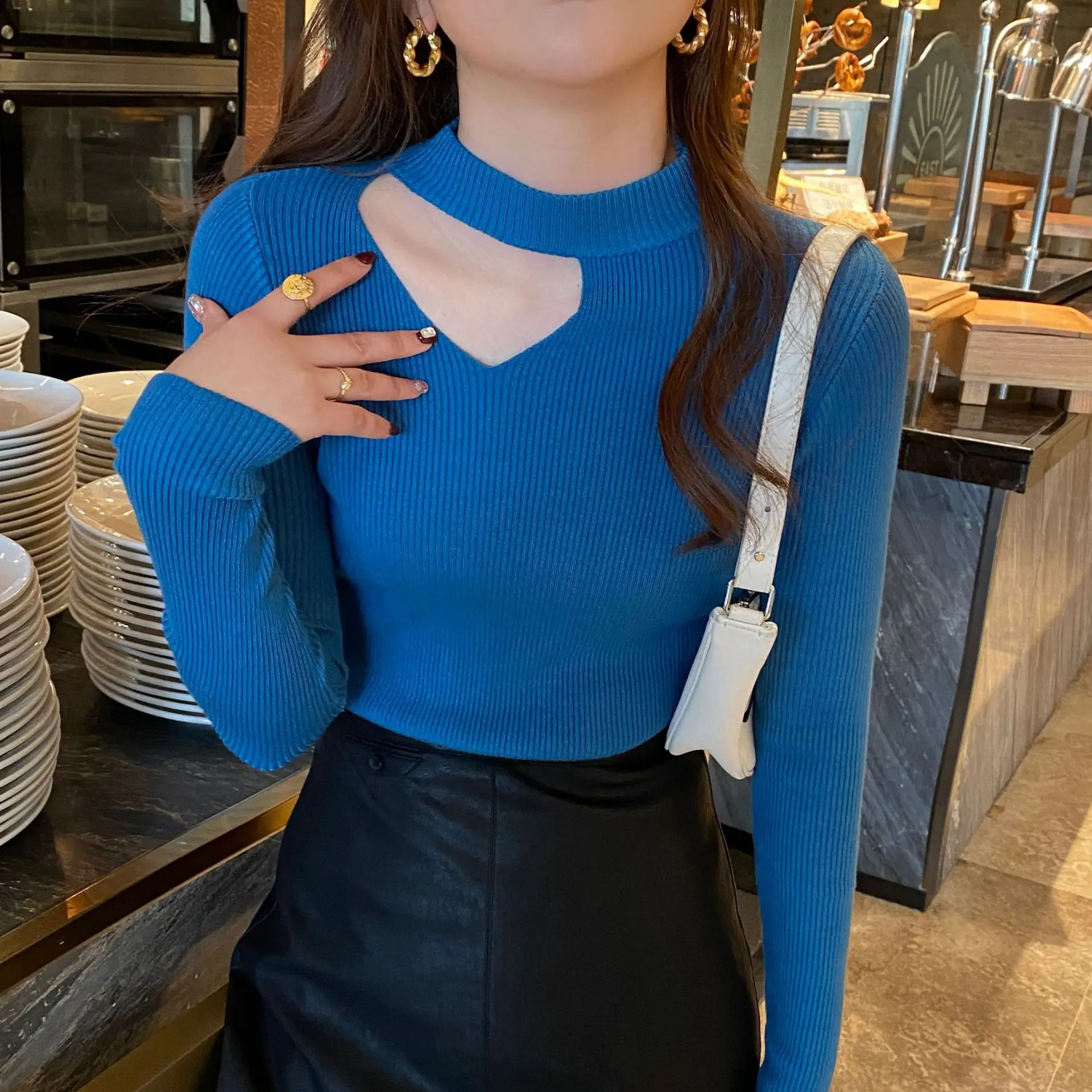 deanwangkt Women Sexy Halter Neck Hollow Out Sweater Solid Full Sleeve Slim Spring Autumn Bottoming Knitted Tops - Deanwangkt