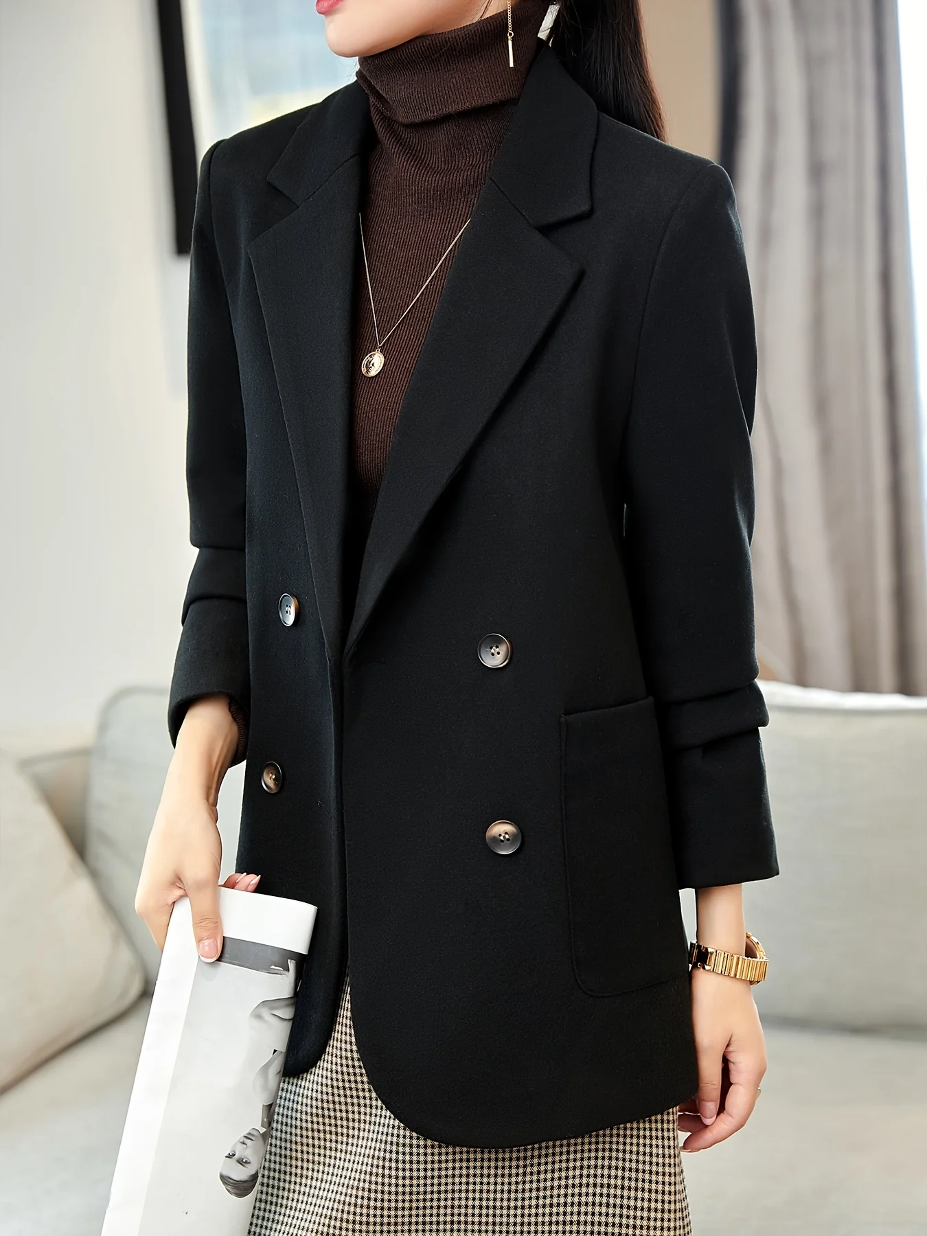 deanwangkt-1 Solid Double Breasted Blazer, Casual Long Sleeve Lapel Blazer For Office & Work, Women's Clothing - Deanwangkt