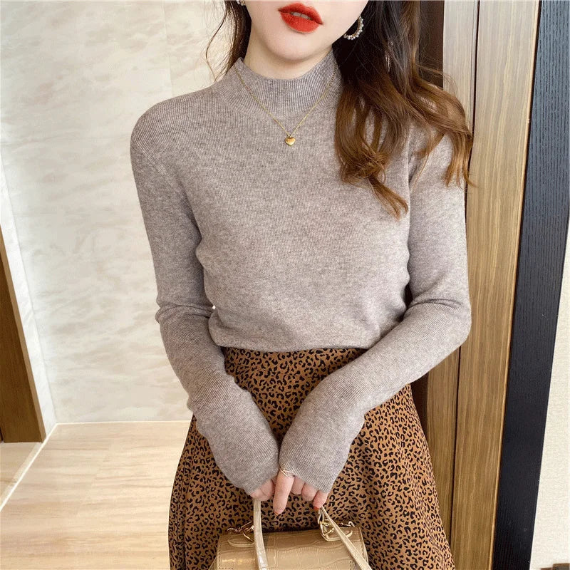 deanwangkt Autumn Winter Women Mock neck Sweaters Pullover Tops Knitwear Fashion Female Long Sleeve Skinny Elastic Casual Knitted Shirts - Deanwangkt