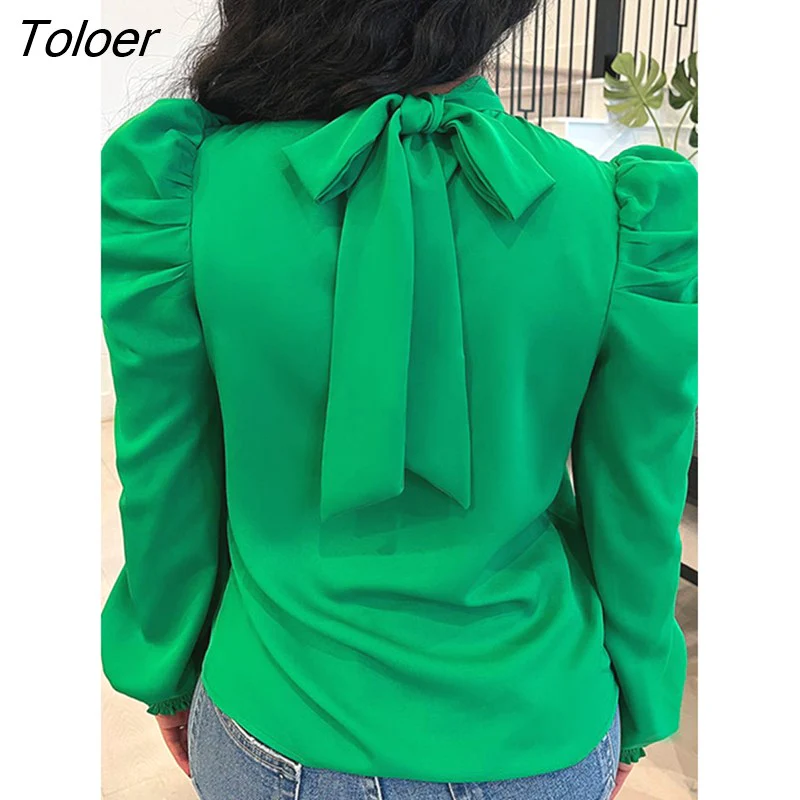 deanwangkt Solid Puff Sleeve Shirt Blouse Top Elegant Women Clothing Lace Up Long Sleeve OL Office Ladies Blouse Green Shirt - Deanwangkt