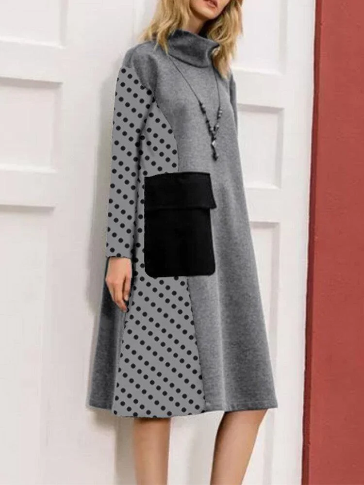 deanwangkt Women Patchwork Polka Dot Print Drop Shoulder Turtleneck Casual Dresses - Deanwangkt