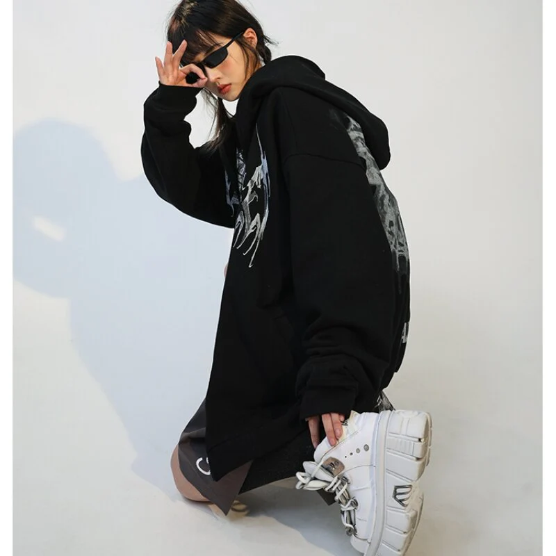 deanwangkt Butterfly Print Hooded Jackets Women Autumn Punk Zip-up Loose Coats Female Harajuku Hip Hop Streetwear Y2k Aesthetic Hoodies - Deanwangkt
