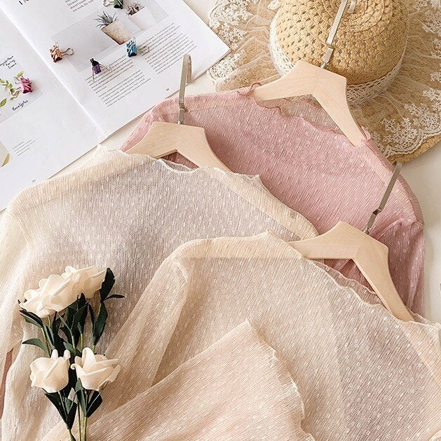 deanwangkt Philosophy Women High Collar Mesh Perspective Blouse Summer Thin See Through Slim Bottoming Lace Long Flare Sleeved Tops - Deanwangkt