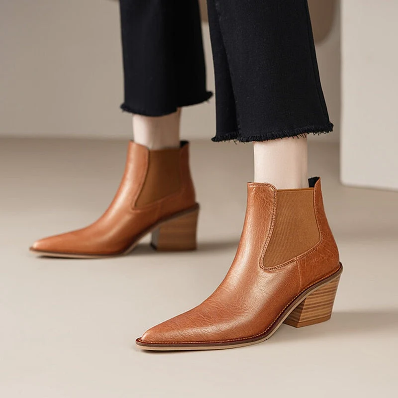 deanwangkt  fashion inspo    Autumn Boots Women Split Leather Shoes for Women Pointed Toe Ankle Boots Chunky Heel Shoes Western Boots казаки женские обувь - Deanwangkt