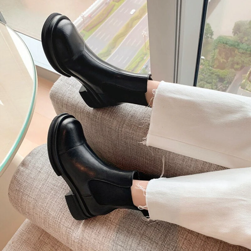 deanwangkt Autumn Boots     NEW Fall/Winter Shoes Women Split Leather Ankle Boots Round Toe Chunky Shoes for Women Solid Chelsea Boots Leisure Black Boots - Deanwangkt