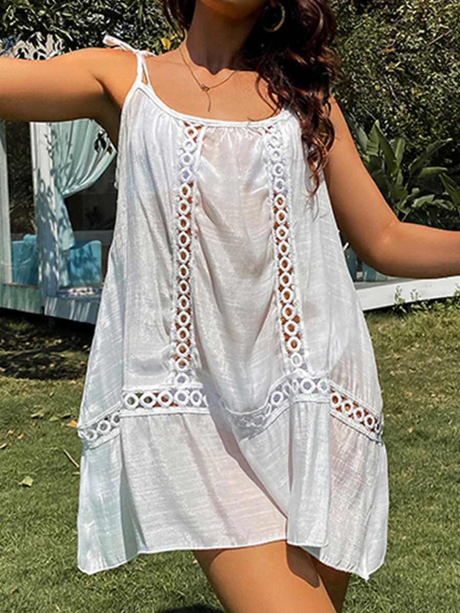 deanwangkt Women Y2K Mesh See Through Beach Dress Sexy Backless Hollowed Out Mini Dress Solid Loose Summer Slip Bikini Cover Up Swimwear - Deanwangkt