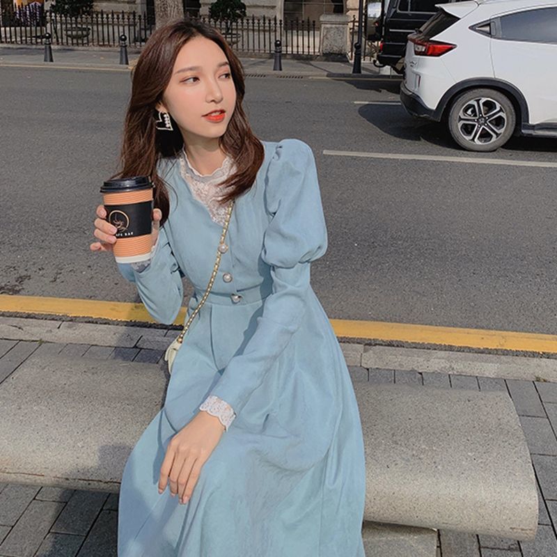 Joskka Spring Fall French Patchwork Dress Women Elegant Blue Lace Dress Female Puff Sleeve Kawaii Korean One-piece Dress - Deanwangkt