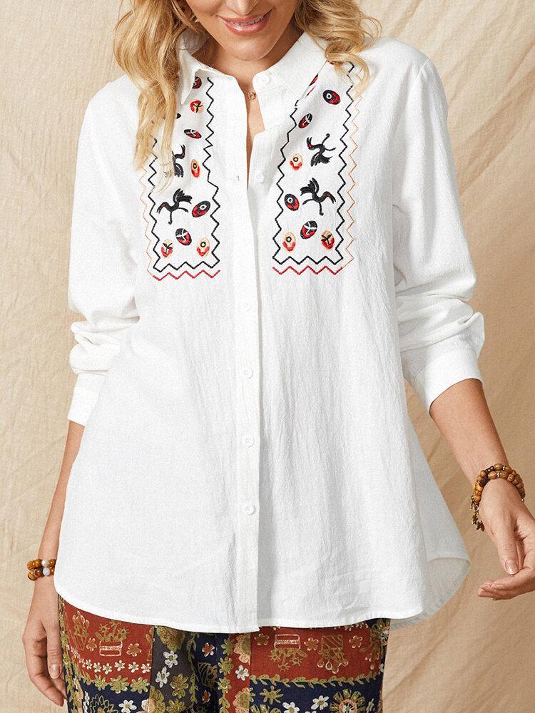 deanwangkt Women White Lapel Ethnic Embroidery Daily Casual Long Sleeve Shirts - Deanwangkt
