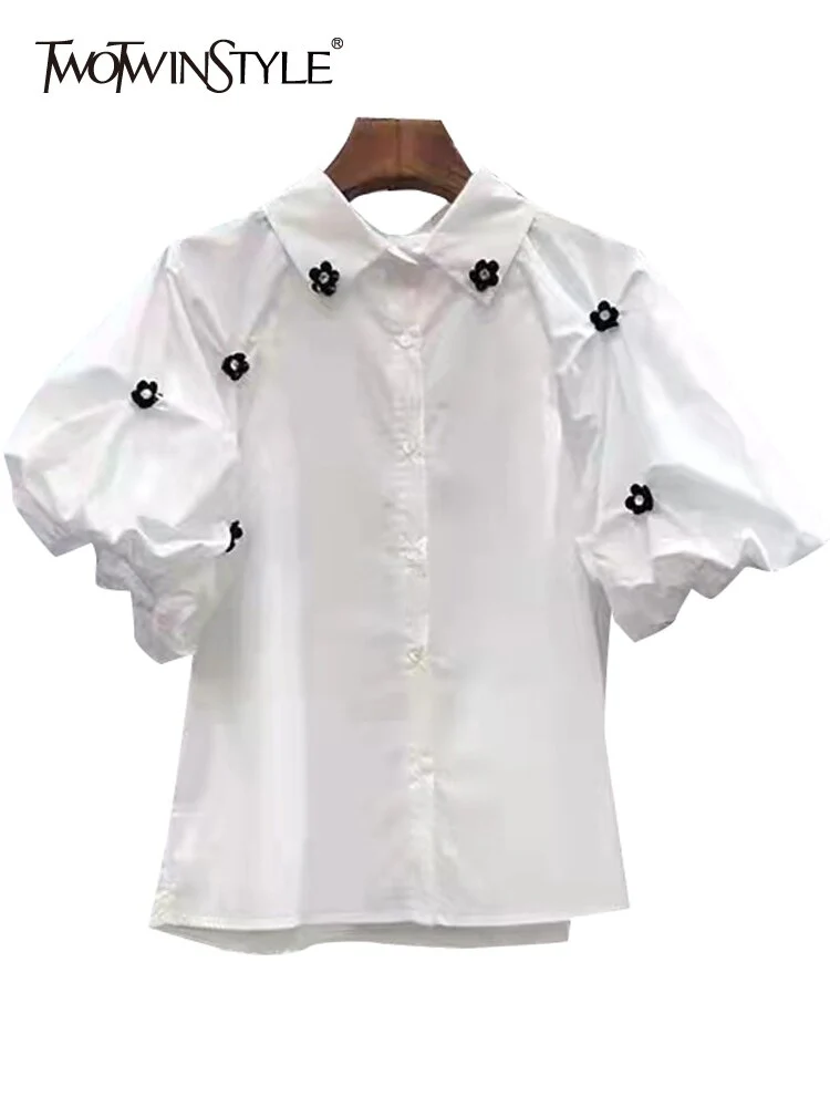 deanwangkt Patchwork Floral Shirt For Women Lapel Puff Sleeve Loose Color Block Button Through Blouse Female Fashion Clothing - Deanwangkt