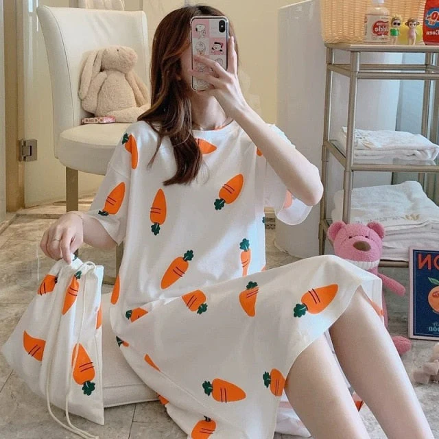 deanwangkt  Women Short Sleeve Sleepwear Cotton Night Gowns Summer Cartoon Nightgowns Home Wear Girls Sleep Lounge Sleeping Dress - Deanwangkt