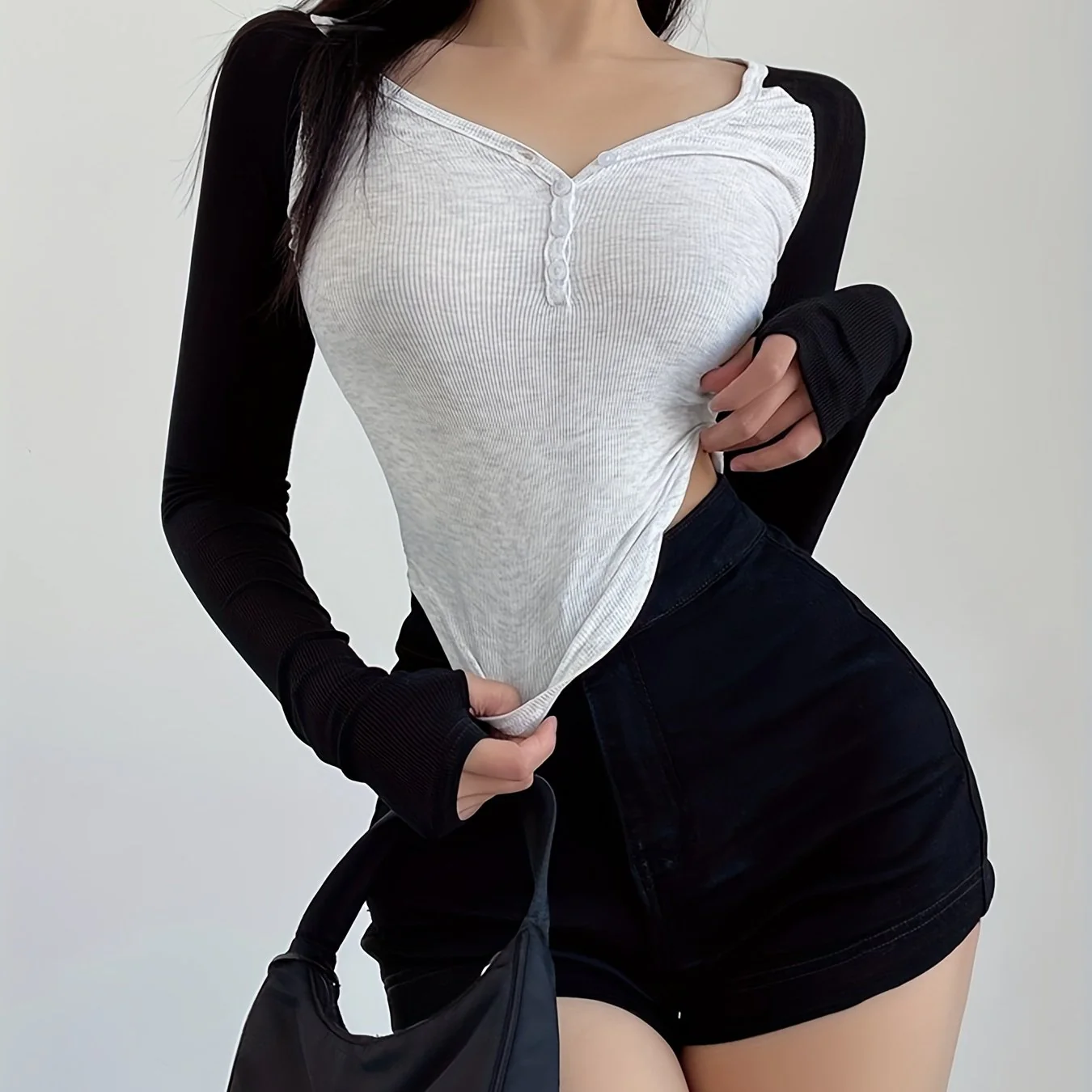 deanwangkt-1 Colorblock Button Front T-Shirt, Casual Long Sleeve Top For Spring & Fall, Women's Clothing - Deanwangkt