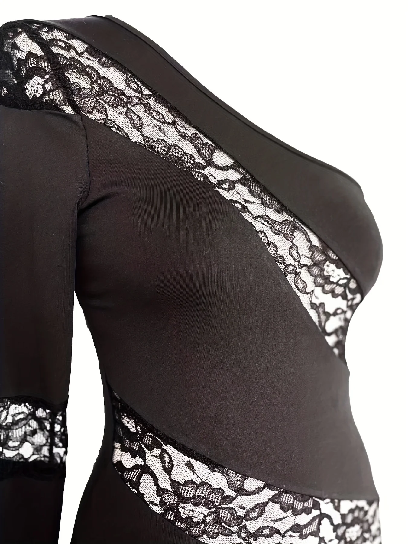 Bodycon One Shoulder Dress, Elegant Contrast Lace Asymmetrical Dress, Women's Clothing - Deanwangkt