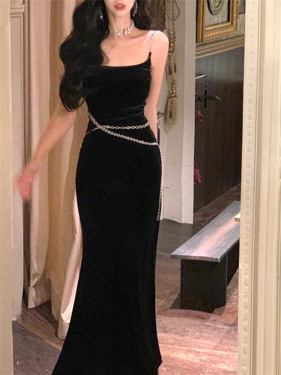 Joskka Mermaid Dress Velvet Women Autumn  New Fashion Elegant Evening Party Korean Female Summer Slim Black Dresses French Clothes Hoco Dress - Deanwangkt