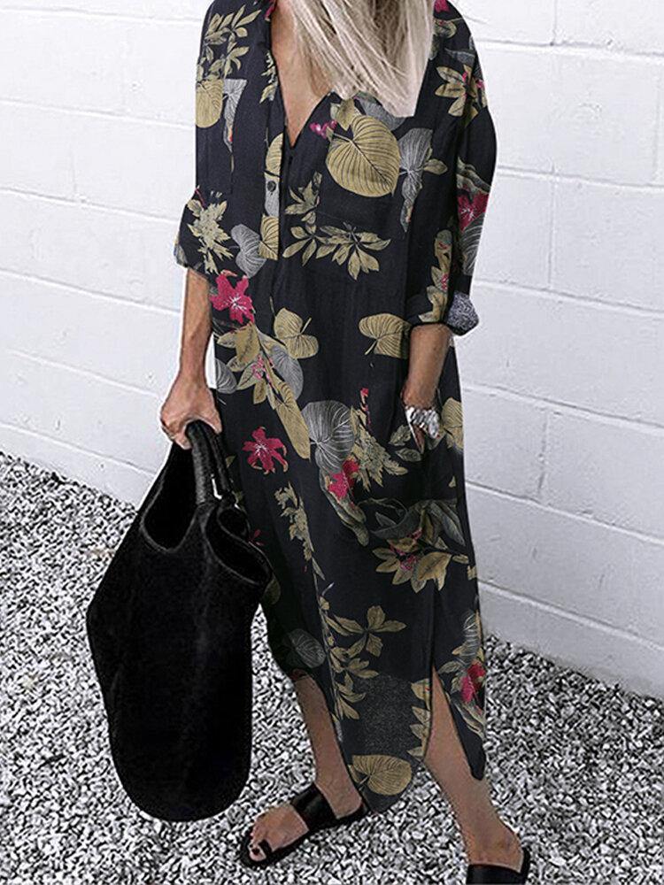 deanwangkt Women Retro Floral Leaves Print Lapel Collar Irregular Hem Button Shirt Dresses With Pocket - Deanwangkt