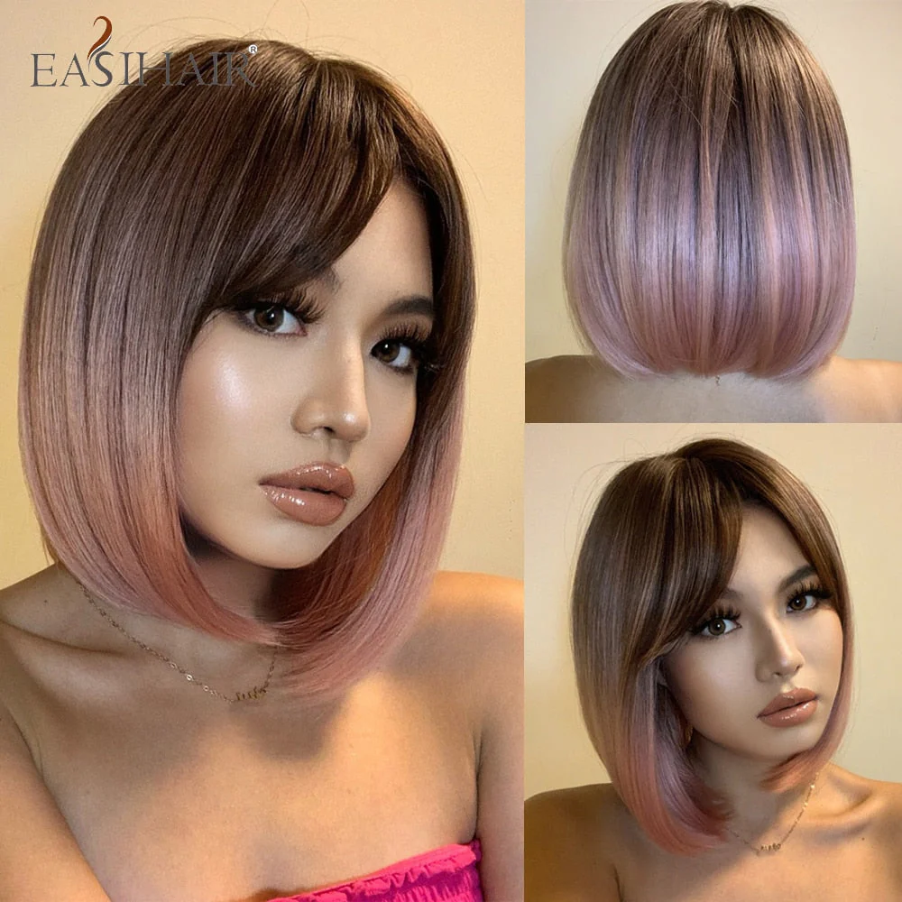 deanwangkt  Short Straight Bob Wigs With Bang Golden Brown Natural Synthetic Hair For Women Daily Cosplay Heat Resistant Fiber Wigs - Deanwangkt
