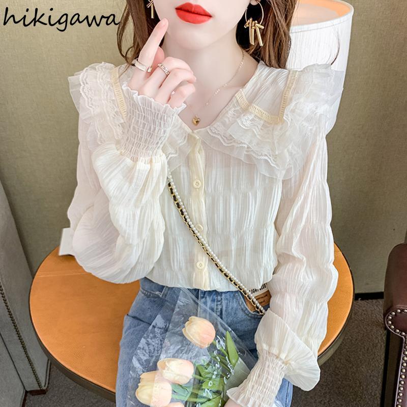 deanwangkt Blouse for Women Sweet Peter Pan Collar Long Sleeve White Shirts Lace Ruffles Chiffon Tops  Blusas Mujer De Moda - Deanwangkt