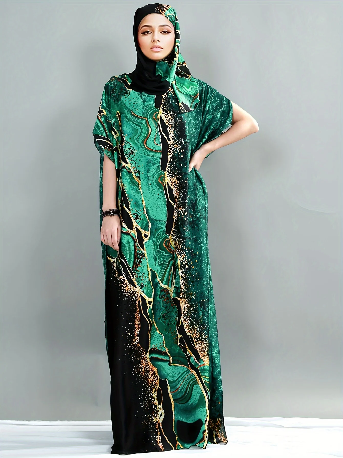 Graphic Print Crew Neck Kaftan Abaya, Modest Batwing Sleeve Maxi Dress, Women's Clothing - Deanwangkt