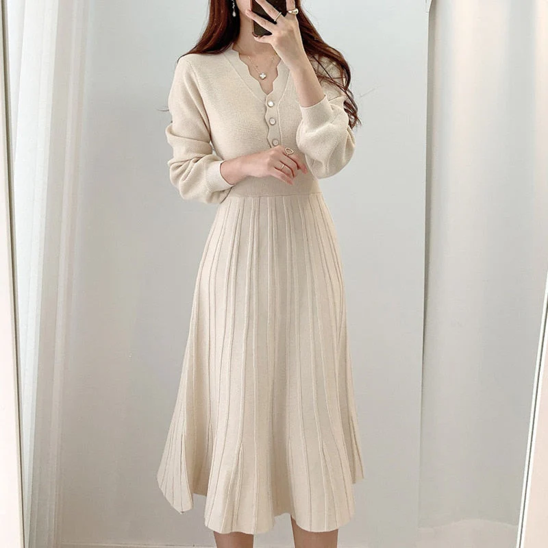 deanwangkt One Piece Korean Pleated Dress  New Spring Long Sleeve Slim Woman Sweater Dresses Knitted Vintage Elegant Midi Party Dress - Deanwangkt