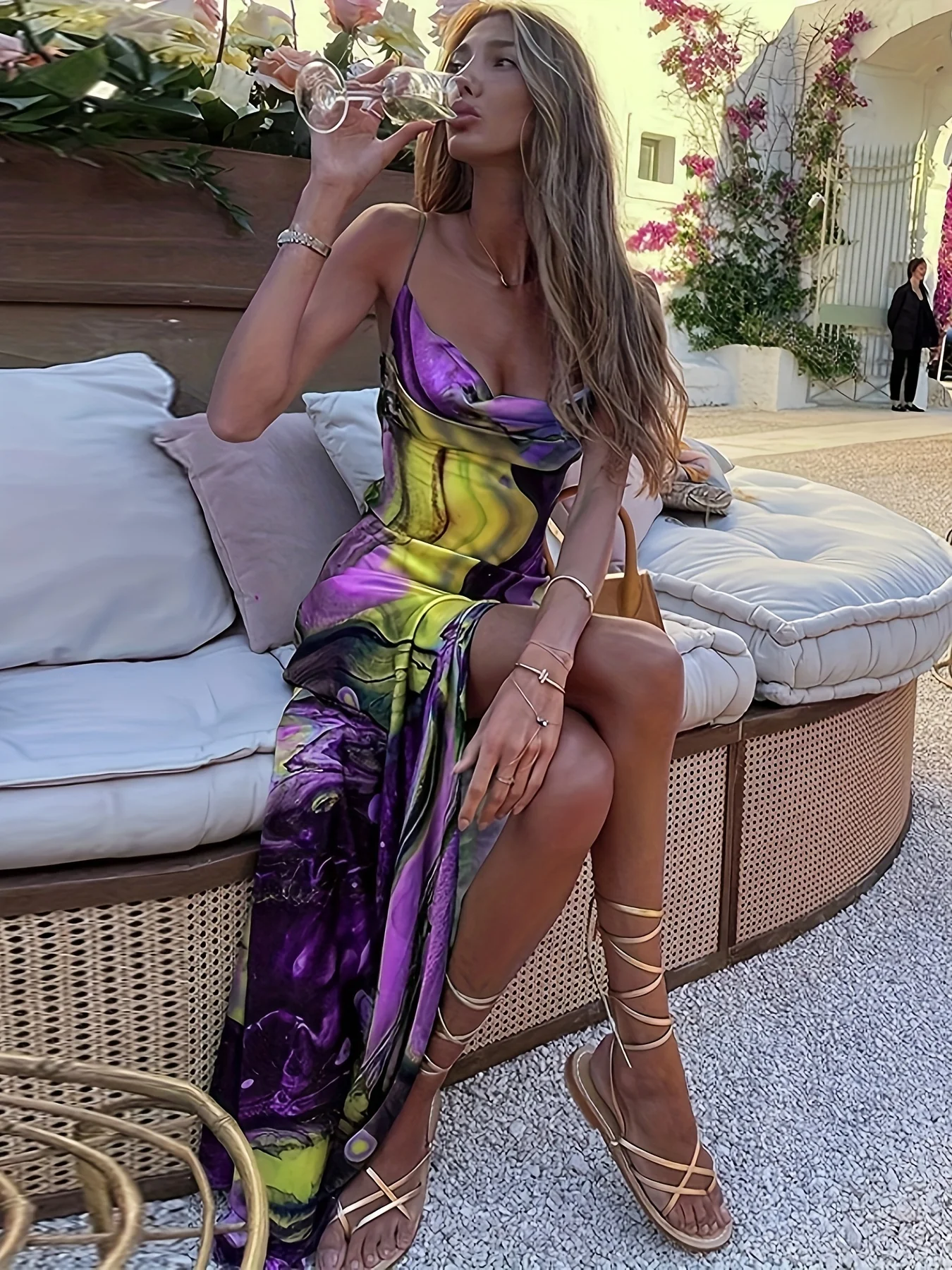 deanwangkt  Abstract Print Split Thigh Cami Dress, Sexy Spaghetti Draped Sleeveless Party Dress, Women's Clothing - Deanwangkt