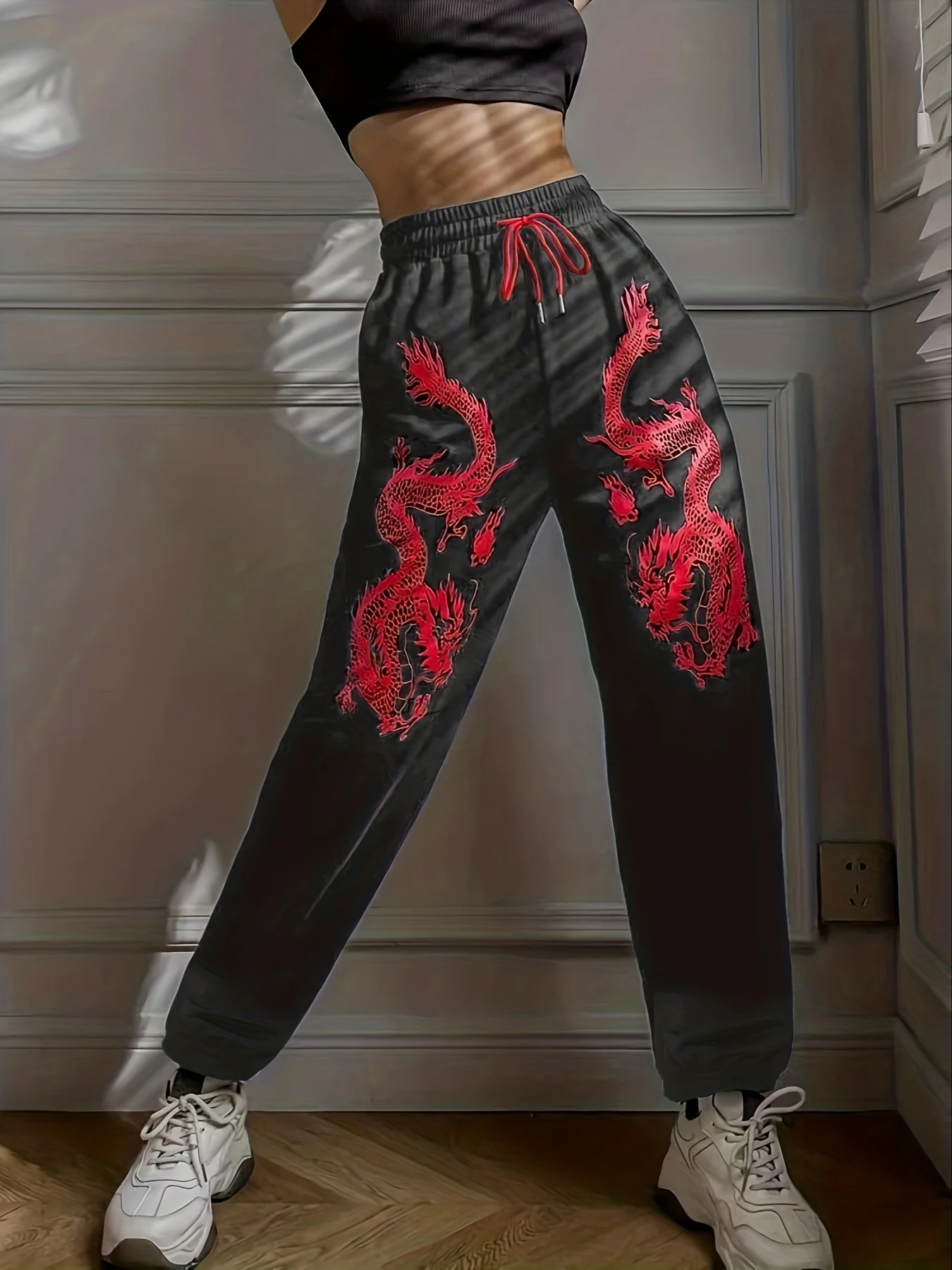 deanwangkt-1  Dragon Print Drawstring Waist Sweatpants, Casual Pants For Spring & Fall, Women's Clothing - Deanwangkt