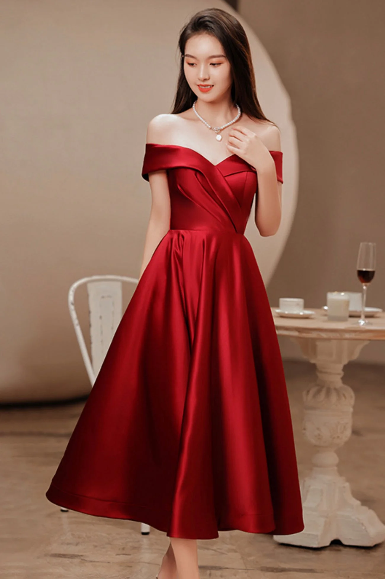solvbao Burgundy Satin Short Prom Dresses, Off the Shoulder Evening Dresses - Deanwangkt
