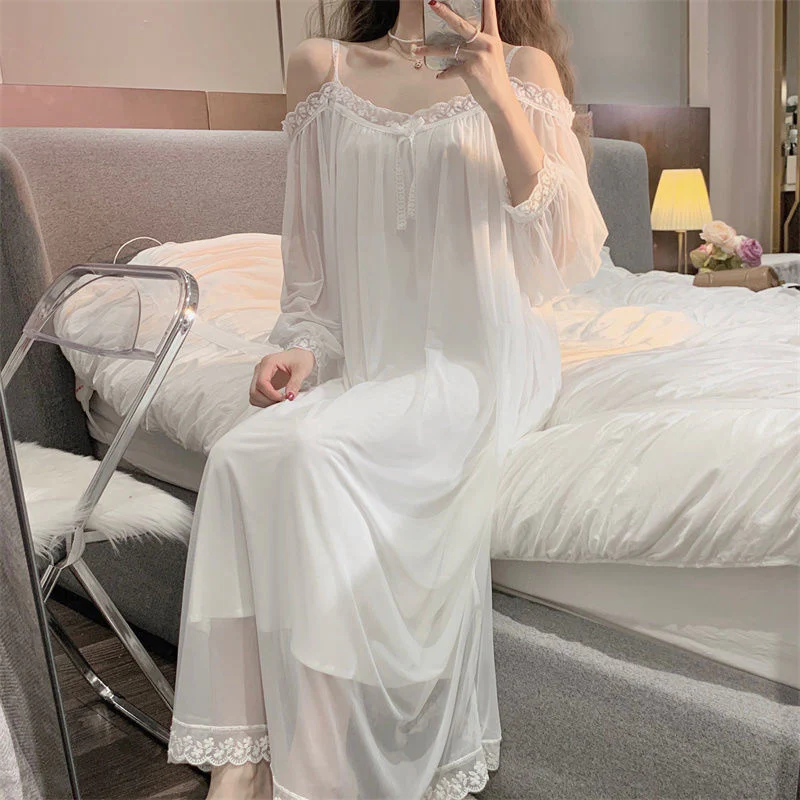 Sleepwear Women Nightwear Women's Sweet New Summer Long-sleeved Sexy Lace Home Clothes Night Gown Sleep Dress - Deanwangkt