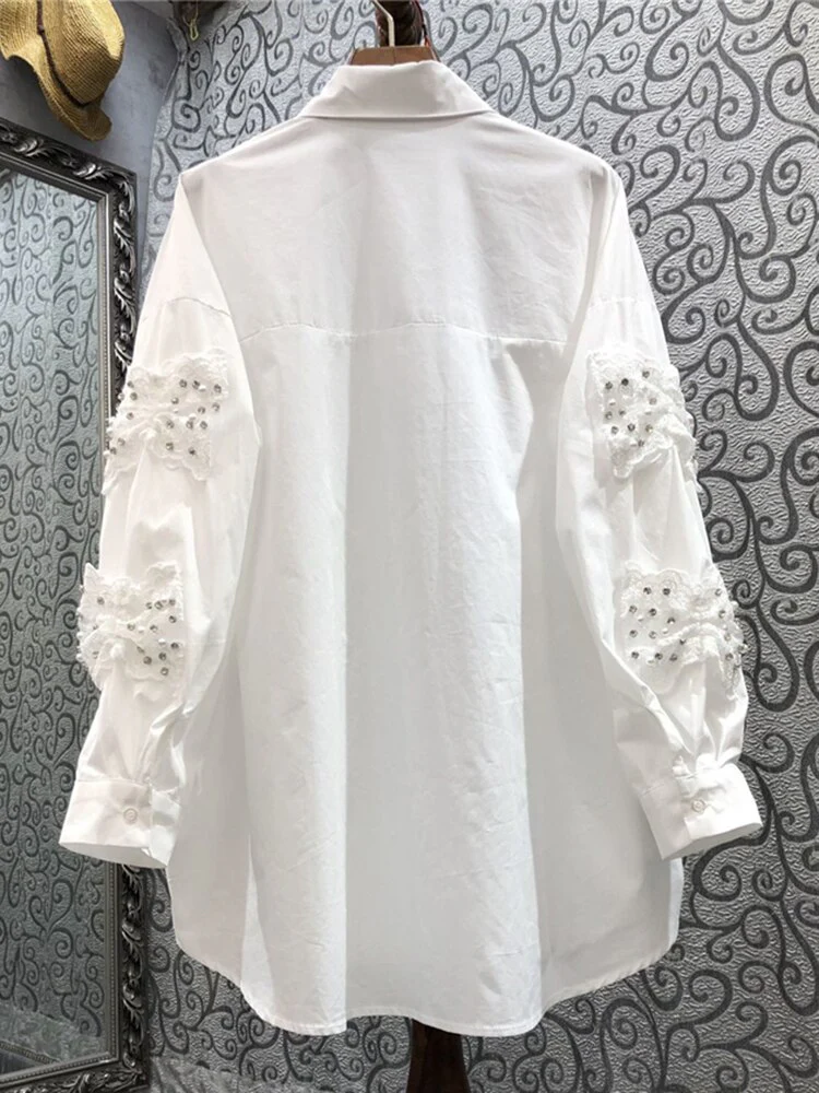 deanwangkt Korean Fashion Patchwork Bowknot Shirt For Women Lapel Lantern Sleeve Button Through Blouse Female Clothing Spring - Deanwangkt