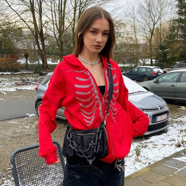 deanwangkt Rhinestone Skeleton Zip Up Oversized Sweatshirts  Summer Goth Hoodies Women Grunge Hooded Jacket Streetwear Retro Clothe - Deanwangkt