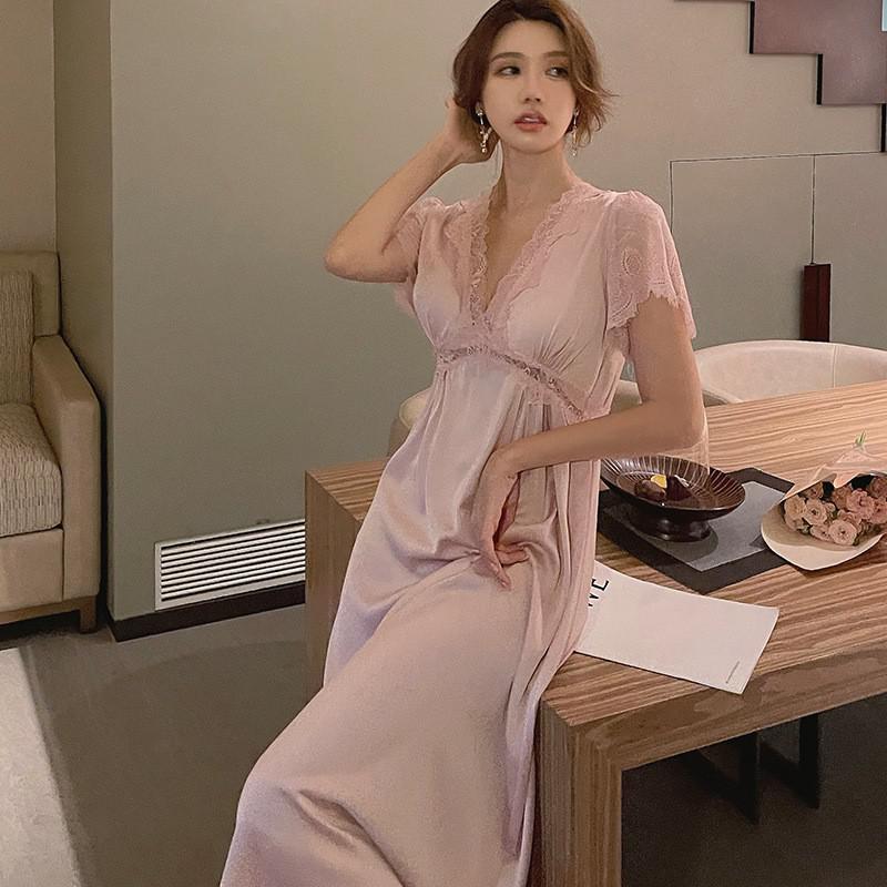 Female Nightgown Elegant Palace Style Princess Long Nightgown Sleepwear Summer Short Sleeve Sleepshirt Satin Silk Home Dress - Deanwangkt