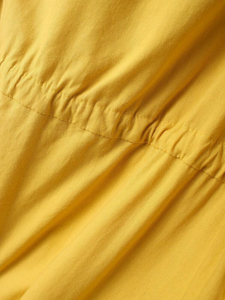 deanwangkt Women Cotton Square Collar Drawstring Waist Elegant Midi Dress with Side Pockets - Deanwangkt