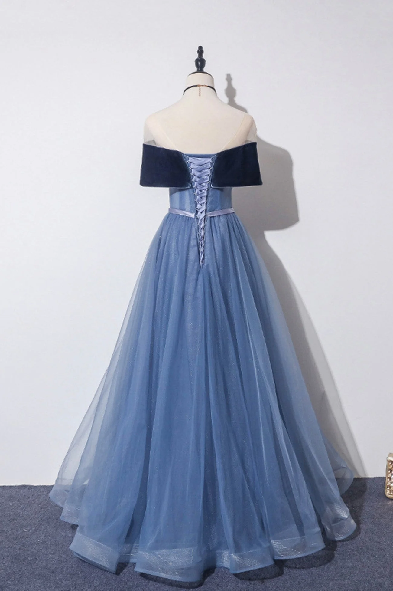 solvbao Blue Velvet Tulle Long Prom Dresses, Off the Shoulder Evening Dresses - Deanwangkt