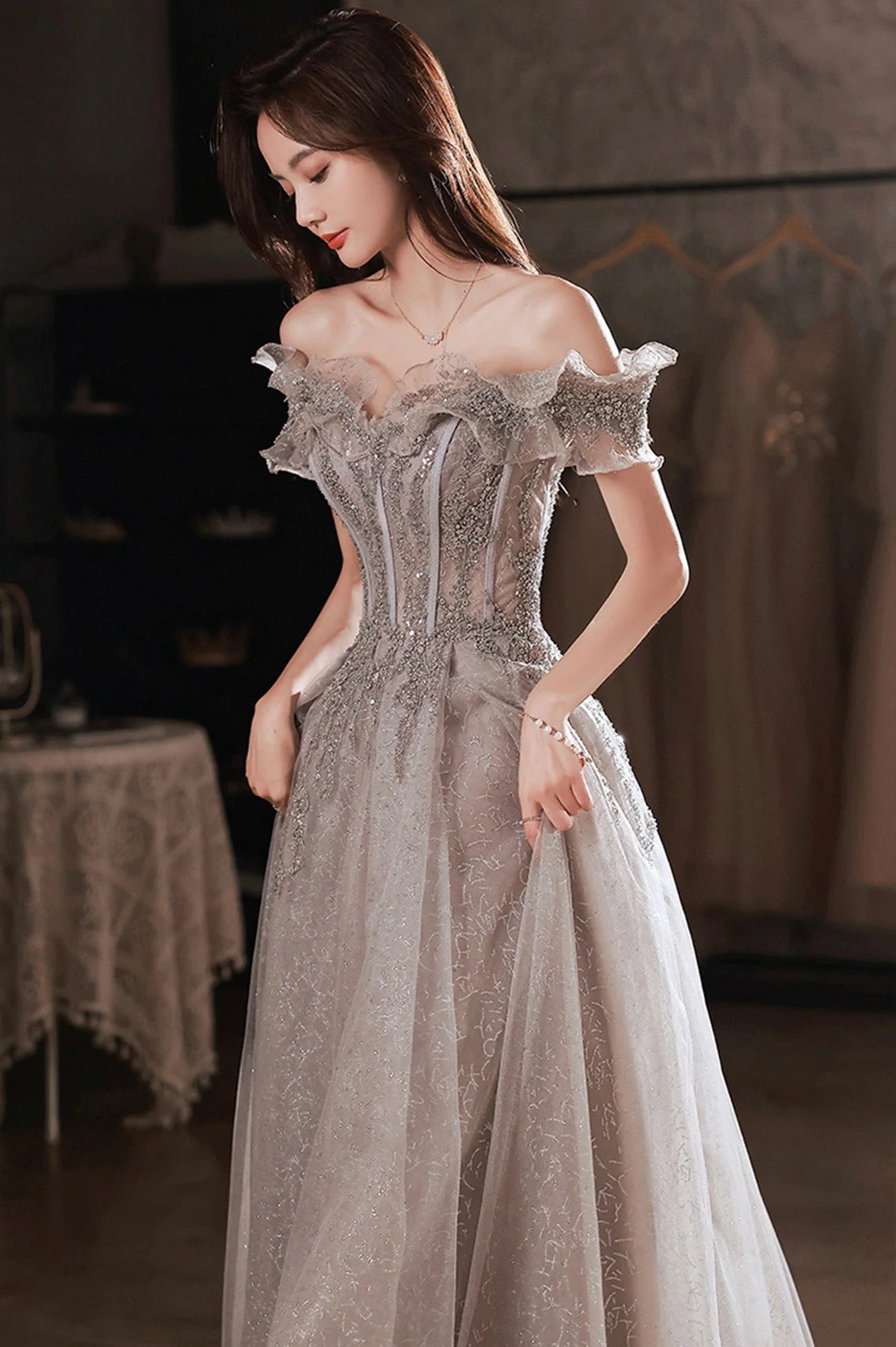 solvbao Gray Tulle Sequins Long Prom Dresses, A-Line Off the Shoulder Evening Dresses - Deanwangkt