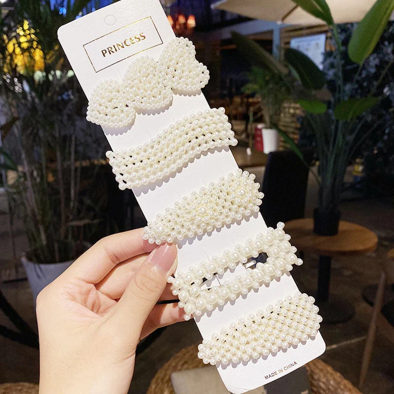 3/4/5pcs/Set Women Girls Elegant Full Pearls Geometric Hair Clips Sweet Hair Ornament Hairpin Barrette Headband Hair Accessories - Deanwangkt