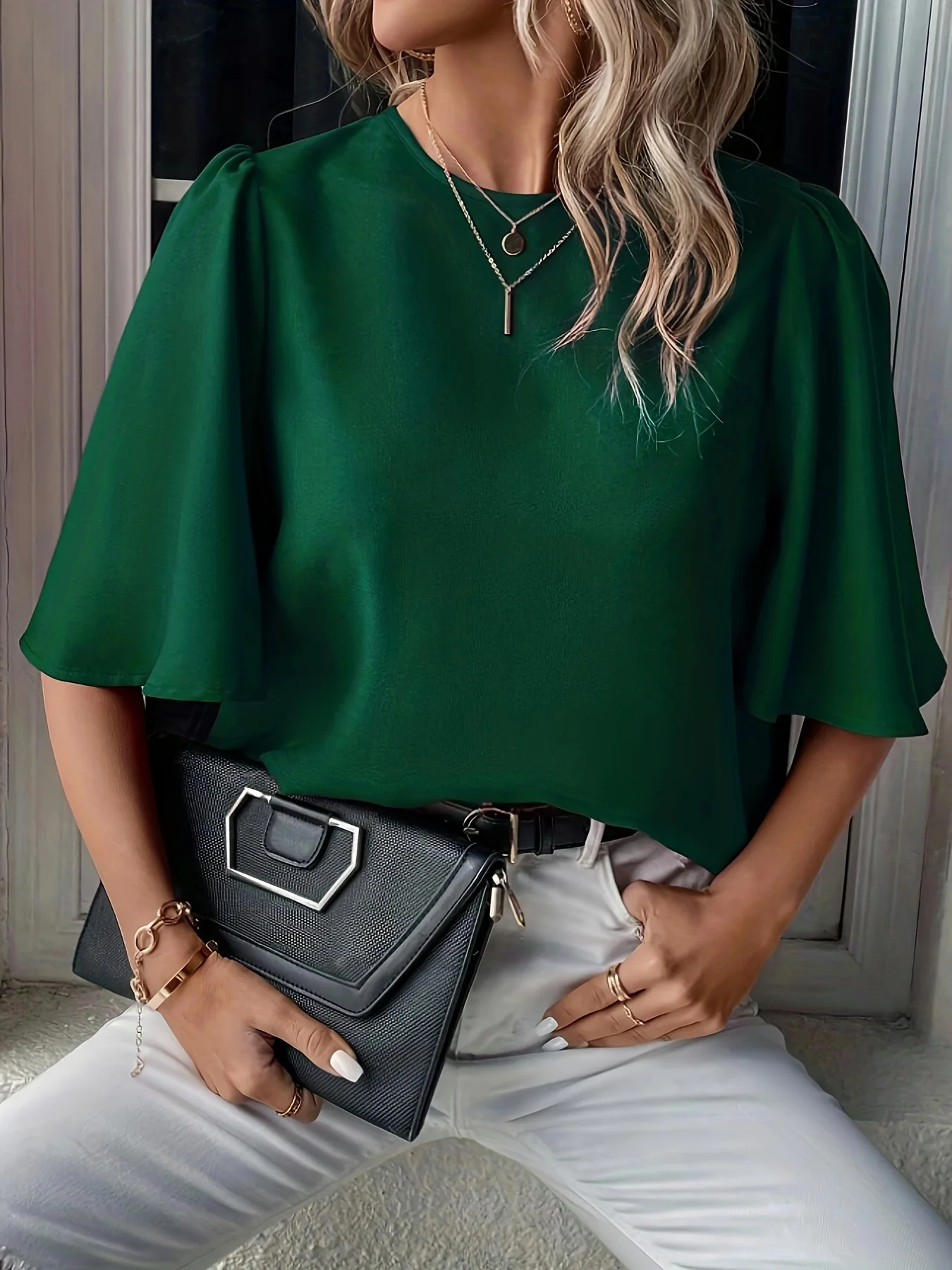 deanwangkt Solid Crew Neck Blouse, Elegant Ruffle Sleeve Blouse, Women's Clothing - Deanwangkt