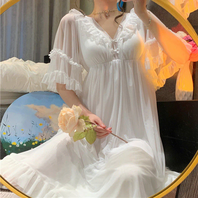 Sleepwear Women Nightwear Women's Sweet New Summer Long-sleeved Sexy Lace Home Clothes Night Gown Sleep Dress - Deanwangkt