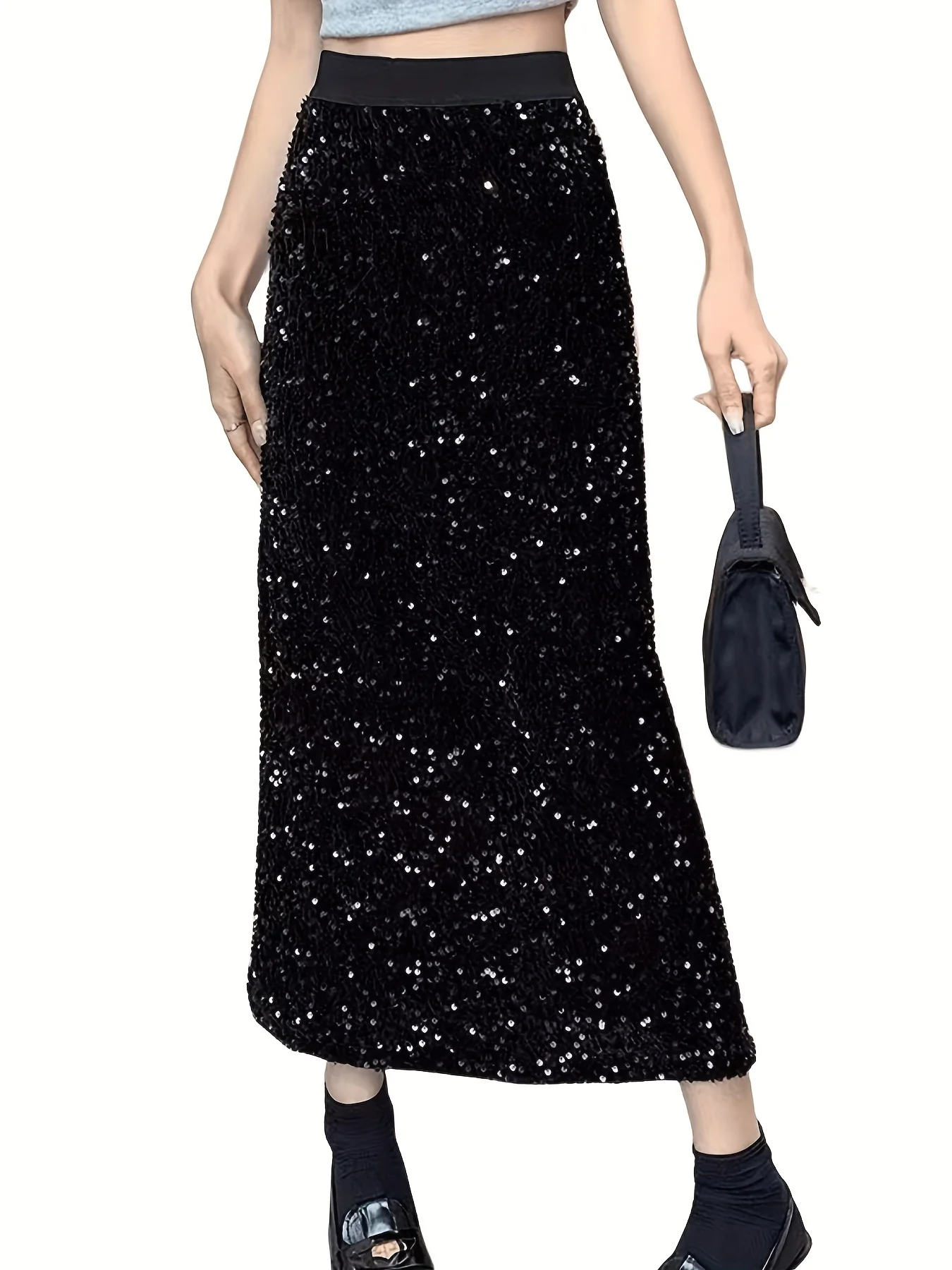 deanwangkt-1 Solid Sequin High Waist Skirt, Casual Elastic Waist Split Skirt, Women's Clothing - Deanwangkt