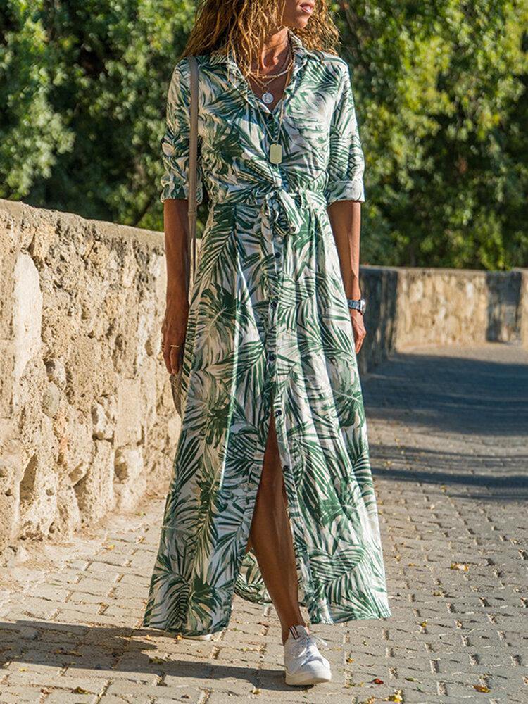 deanwangkt Tropical Plant Print Button Long Sleeve Shirt Dress - Deanwangkt