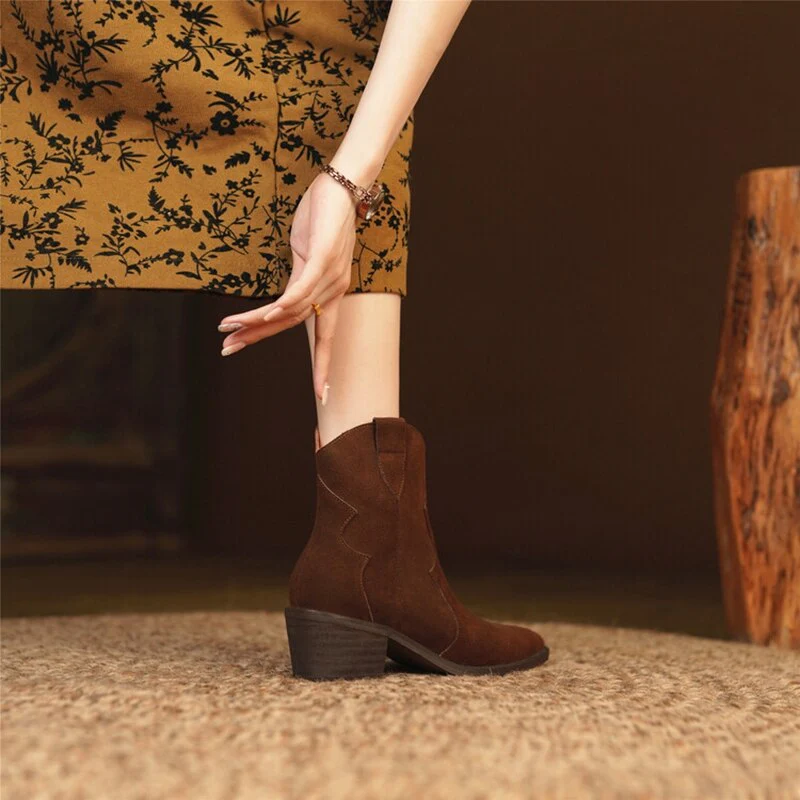 deanwangkt  fashion inspo    NEW Autumn Women Boots Pointed Toe Chunky Heel Shoes Women Cow Suede Black Shoes for Women Concise Western Boots Cowboy Boots - Deanwangkt