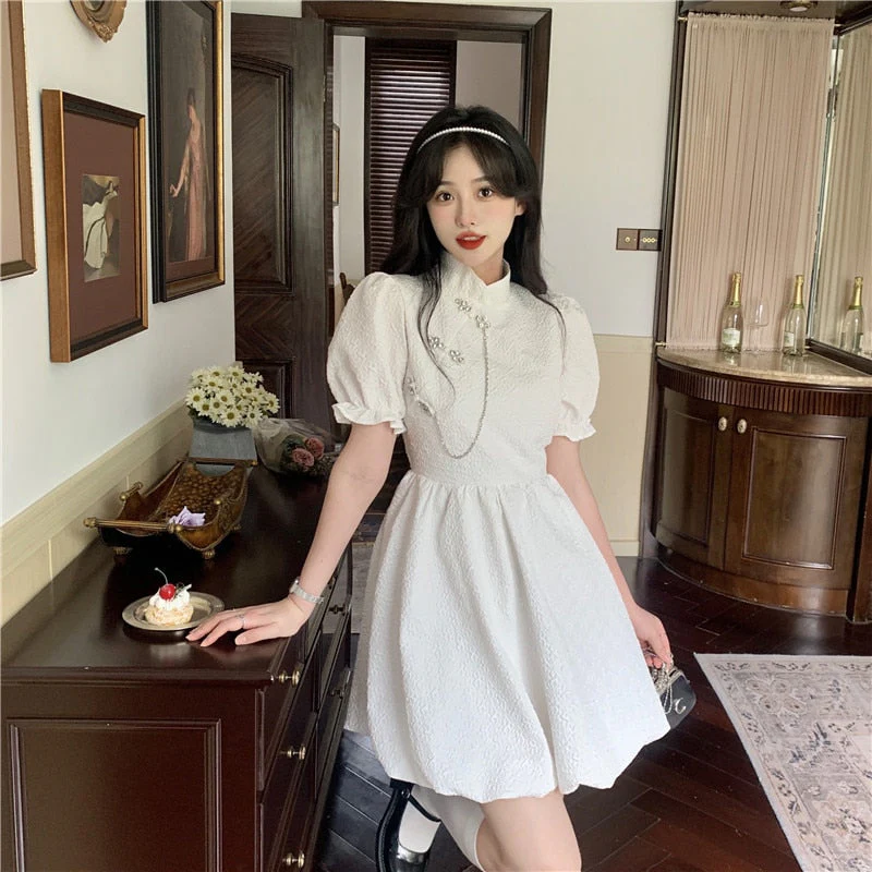 deanwangkt New Chinese Fashion Cheongsam Mini Doll Dress Stand Collar Puff Sleeve Little Ball Gown Dress Small Girl Black White Party Dress - Deanwangkt
