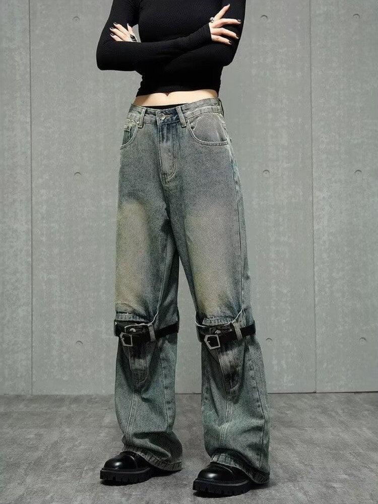 deanwangkt High Street Niche Design Wide Leg Washed Jeans For Men And Women, Straight Tube Loose Fitting Retro Pants, Trendy Women's Jeans - Deanwangkt