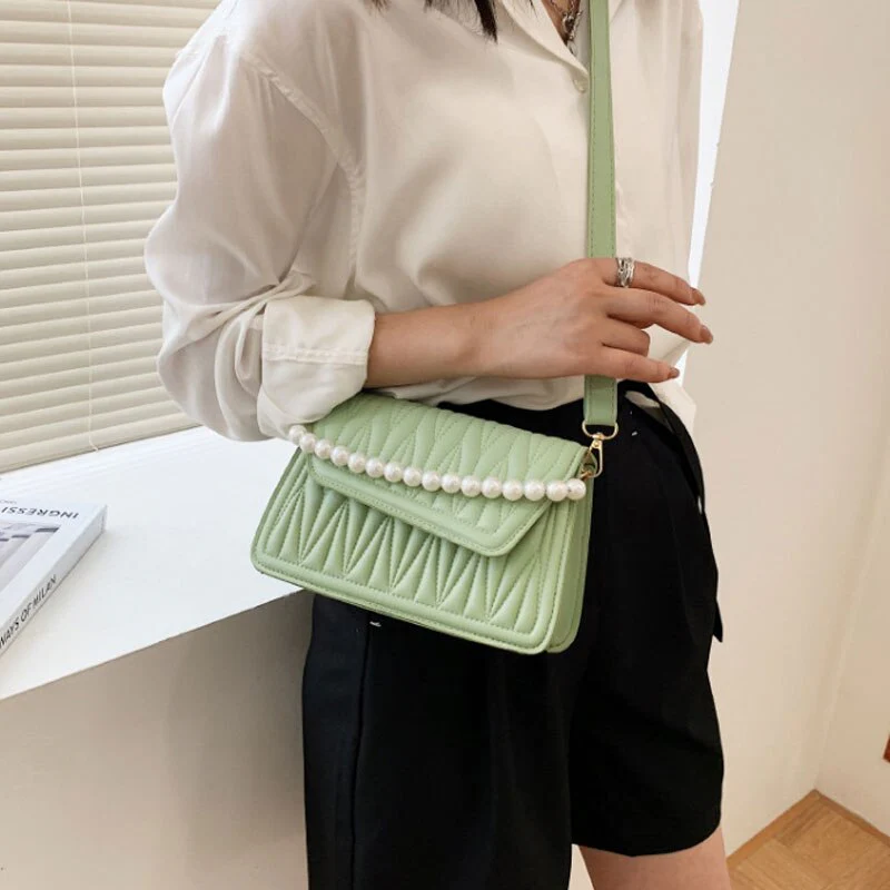 deanwangkt BACK TO COLLEGE    Pearl Chain Strap Handbags For Women Designer Pu Leather Shoulder Bag Plaid Simple Female Crossbody Bag Small Square Bag - Deanwangkt