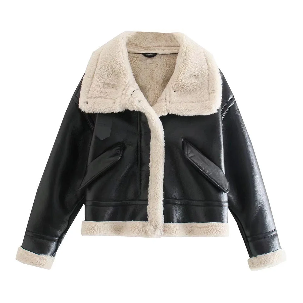 deanwangkt Women jacket  Winter Fashion Fleece imitation leather Jacket Coat Long Sleeve Female Chic Tops Outerwear Beautiful street - Deanwangkt