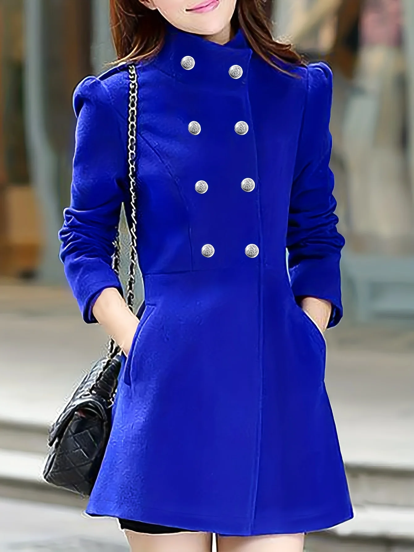 deanwangkt Double Breasted Flared Hem Coat, Casual Solid Long Sleeve Outerwear, Women's Clothing - Deanwangkt