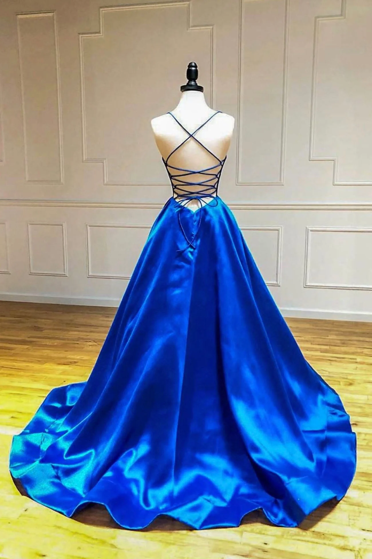 solvbao Blue V-Neck Satin Long Prom Dresses, A-Line Backless Evening Dresses - Deanwangkt