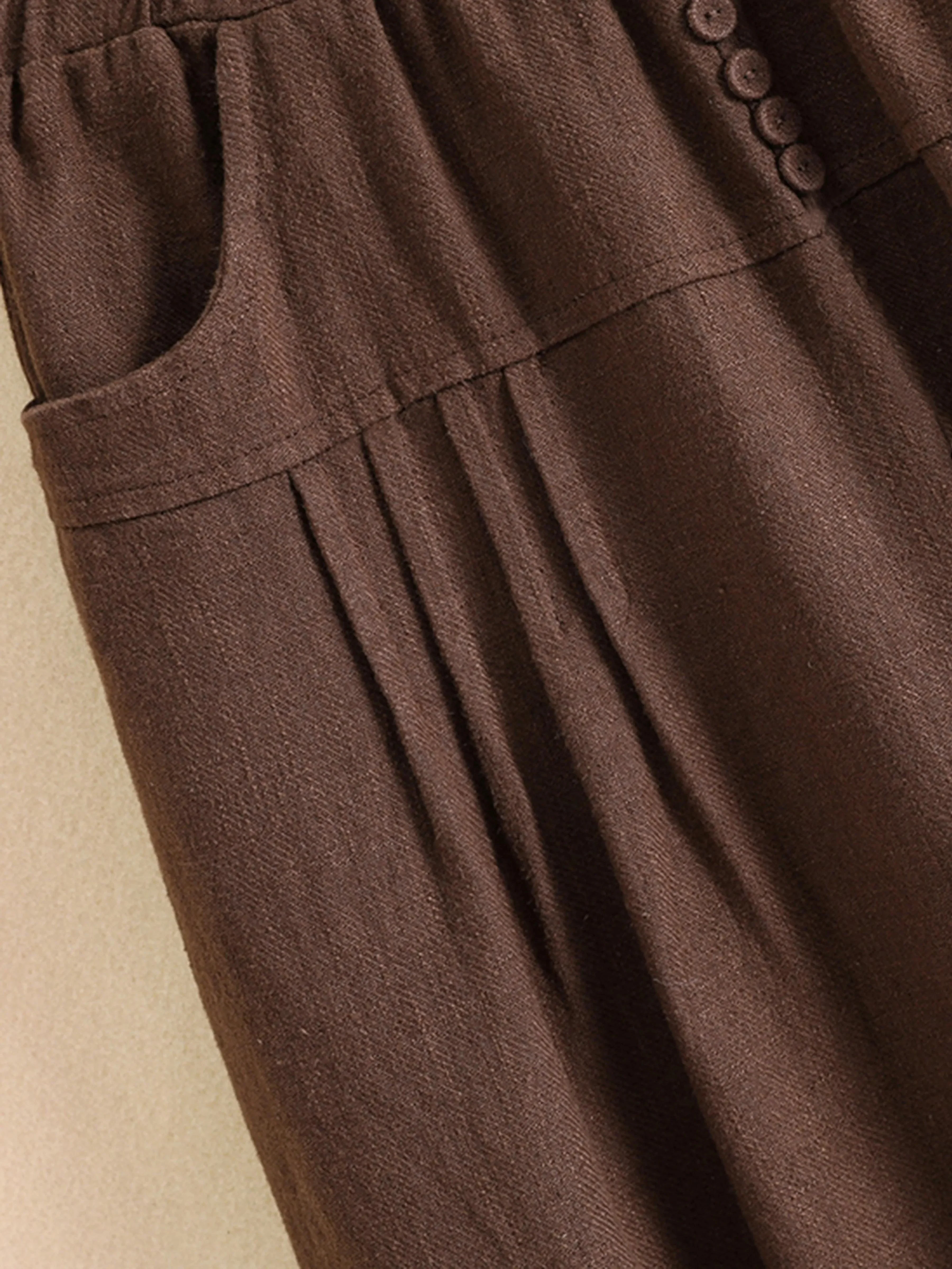 Solid Elastic Waist Button Cotton Skirt, Vintage Pocket Midi Skirt For Spring & Fall, Women's Clothing - Deanwangkt